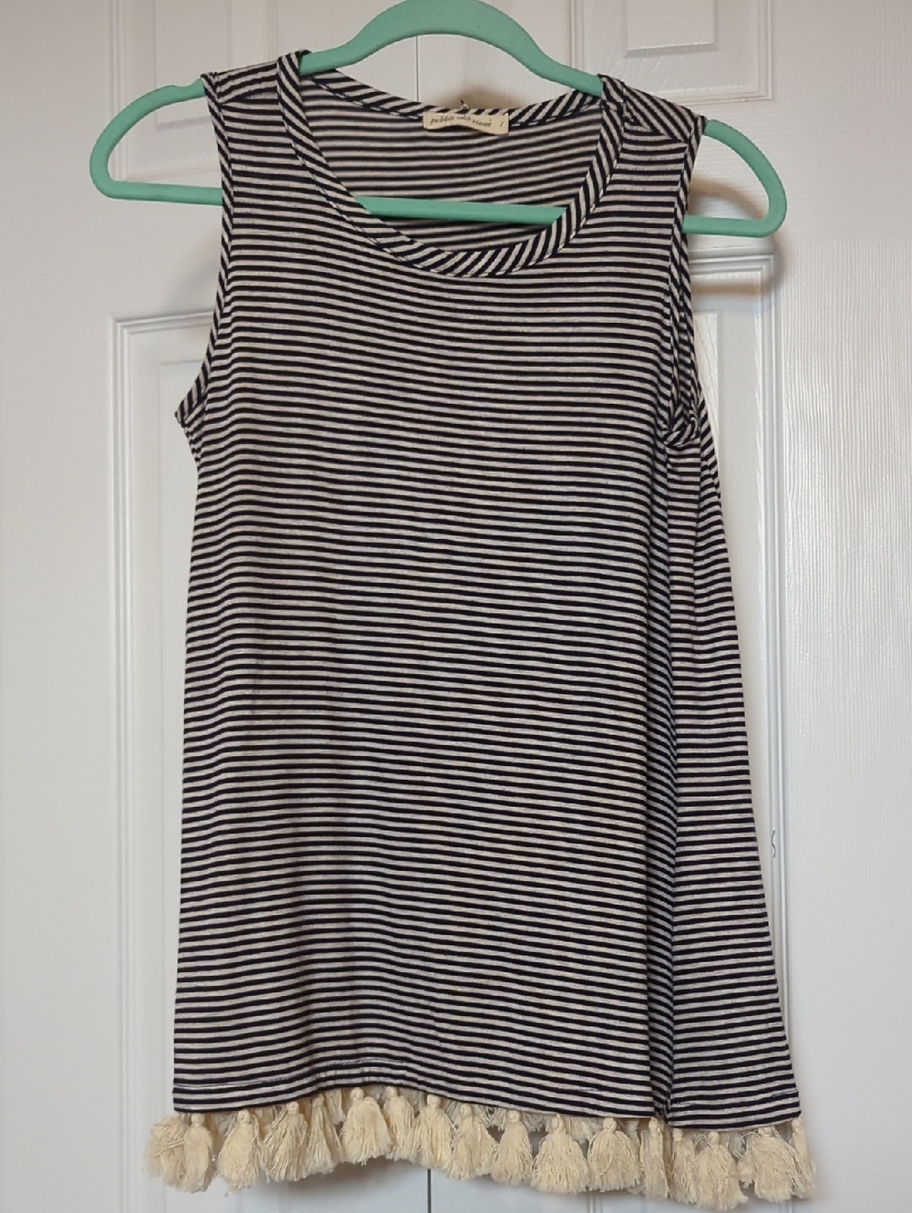 Anthropologie Pebble And Stone Navy Striped Top Fringe Size Small